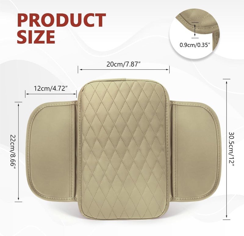 ongfuwu Car Center Console Cover, 12"×7.87" Waterproof Leather Auto Armrest Cover Protector with 2 Pocket, Comfortable Arm Rest Box Cushion Pad, Universal Interior Car Accessories (Beige) - Image 2